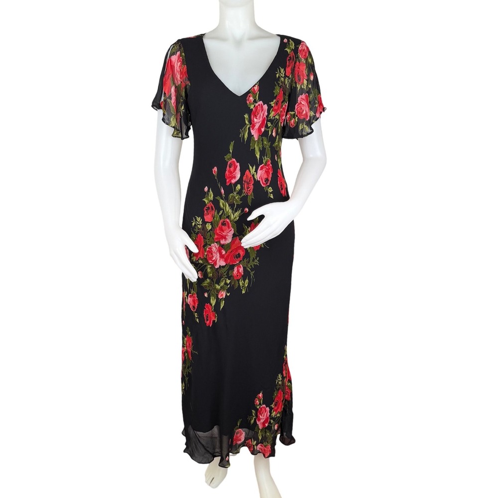 Black Red Rose Floral Bias Cut Maxi Dress Flutter Sleeve L 90s Whimsy Goth